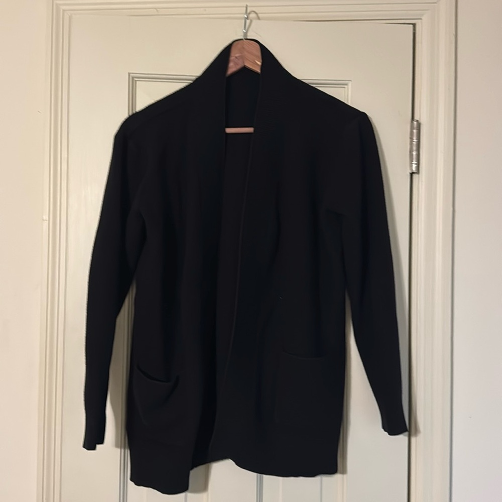 Black waffle knit cardigan. Medium heaviness. Size Medium.